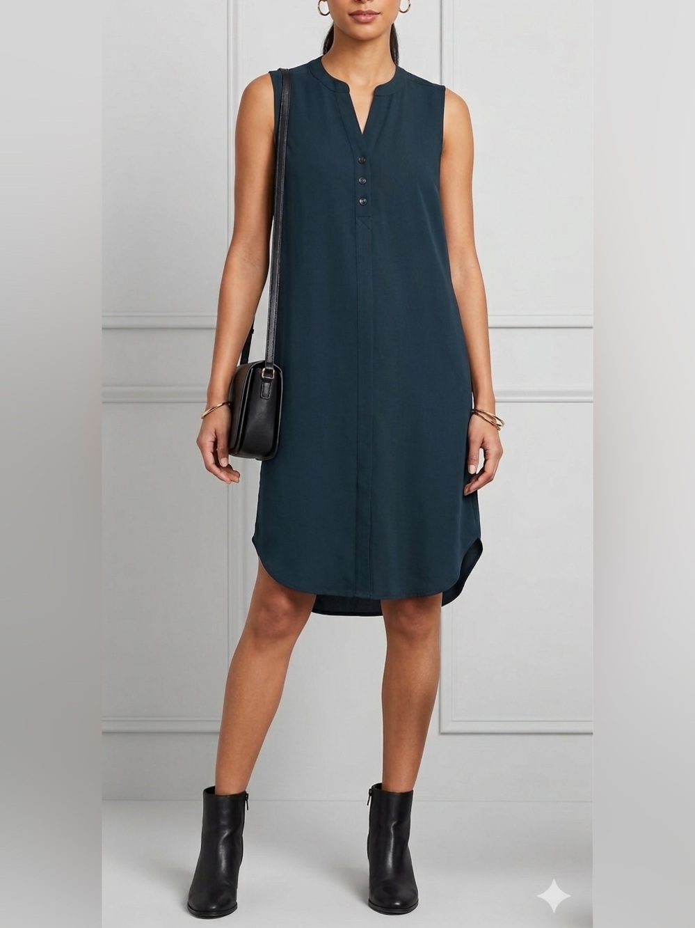 J. Jill Black Sleeveless Midi Shift Dress Pockets Button Placket size XS petite‎